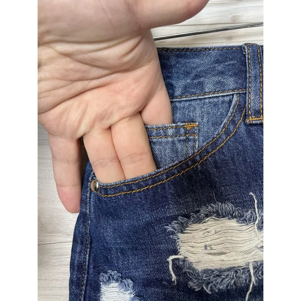 Fashion Nova Shorts Womens Small Dark Denim Distressed Frayed High‎ Rise Cutoff